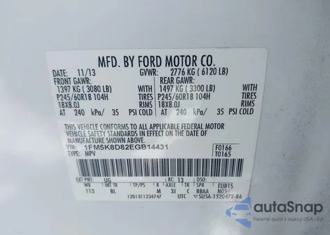 2014 Ford Explorer Xlt из США, поврежденный, VIN 1FM5K8D82EG14431